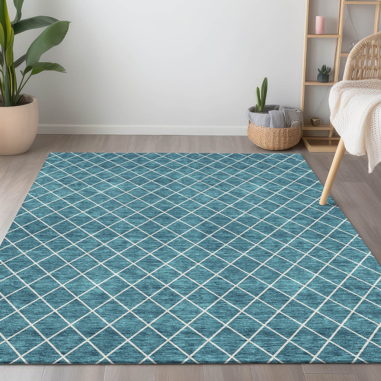 8' X 10' Teal Blue And Ivory Geometric Washable Indoor Outdoor Area Rug-8
