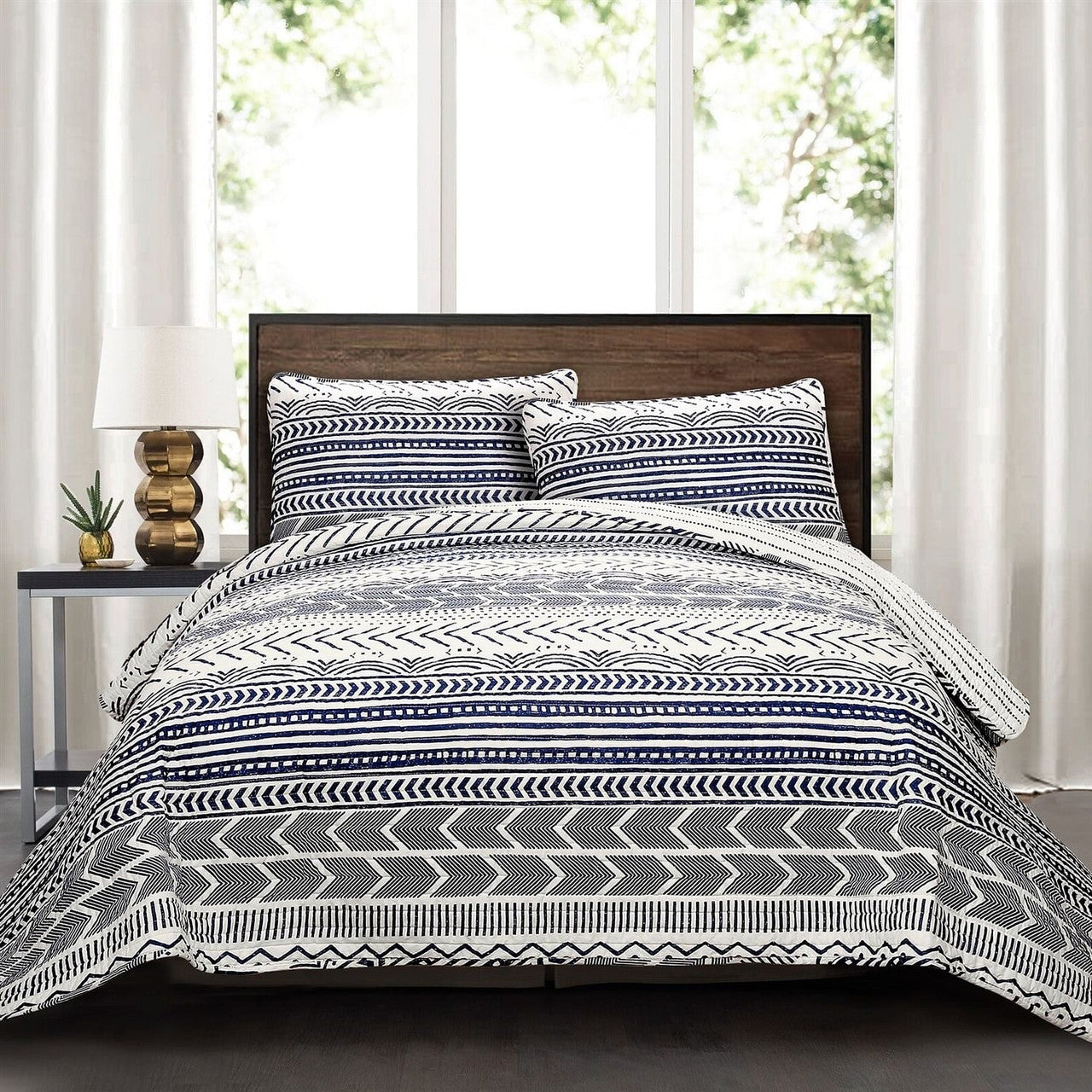 3 Piece Scandinavian Blue White Reversible Cotton Set in Full/Queen-0