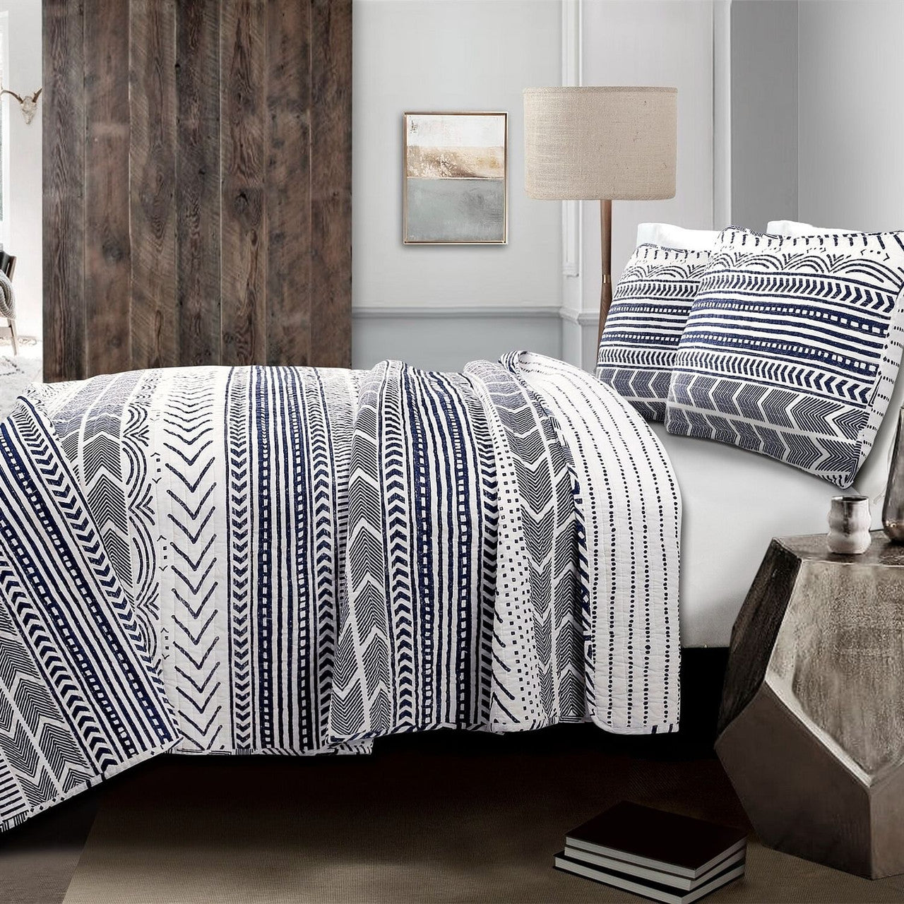 3 Piece Scandinavian Blue White Reversible Cotton Set in Full/Queen-1