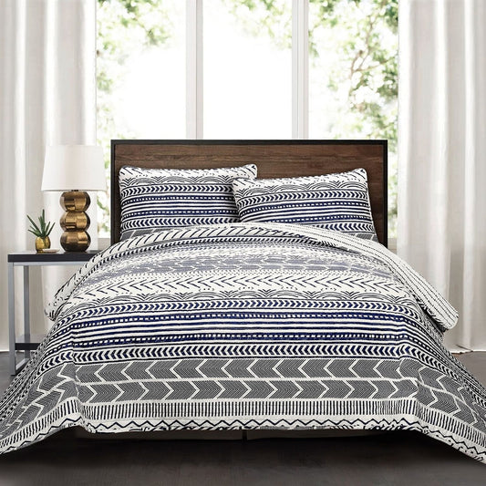 3 Piece Scandinavian Blue White Reversible Cotton Set in Full/Queen-0