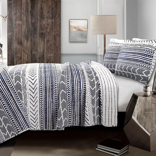 3 Piece Scandinavian Blue White Reversible Cotton Set in Full/Queen-1