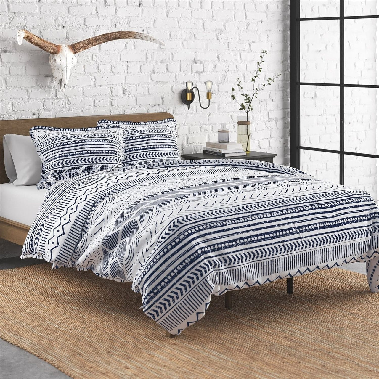 3 Piece Scandinavian Blue White Reversible Cotton Set in Full/Queen-2